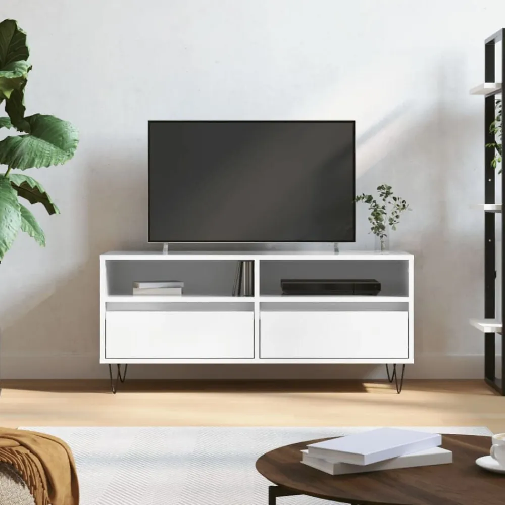 vidaXL Muebles Tv-Mueble de TV madera contrachapada blanco brillo 100x34,5x44,5cm