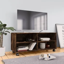 vidaXL Mueble TV con ruedas madera contrachapada roble humo 90x35x35cm Roble ahumado Online
