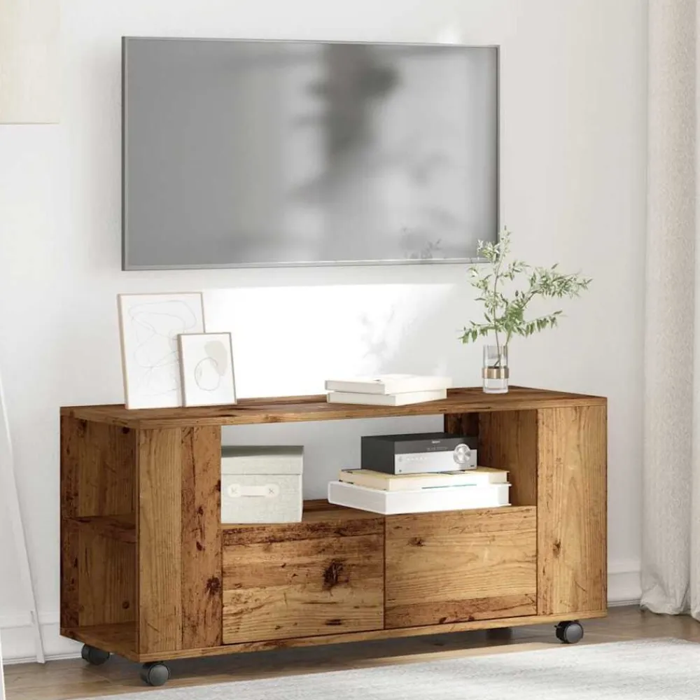 vidaXL Mueble TV con ruedas madera ingeniería envejecida 102x34,5x43cm Madera antigua Sale