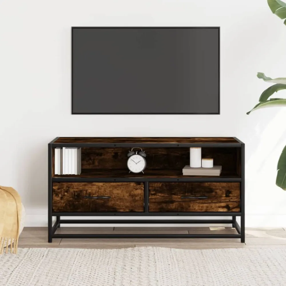 vidaXL Mueble TV metal y madera ingeniería roble humo 80x34,5x40 cm Roble ahumado New