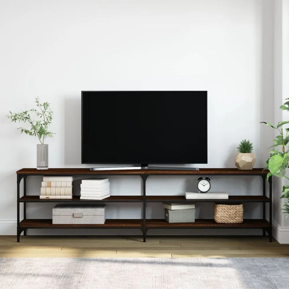 vidaXL Mueble TV metal y madera contrachapada marrón roble 180x30x50cm Marrón roble