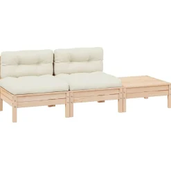 vidaXL Muebles De Jardín-Muebles de jardín 3 piezas madera maciza pino con cojines crema