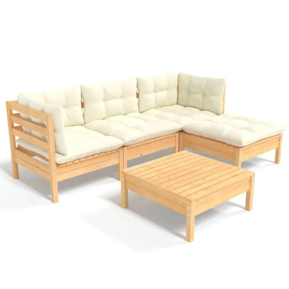 vidaXL Muebles De Jardín-Muebles de jardín 5 piezas cojines madera de pino crema