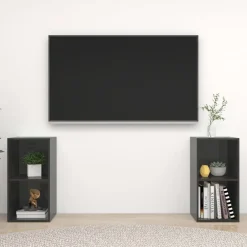 vidaXL Muebles Tv-Muebles de salón de pared 2 pzas madera ingeniería gris brillo