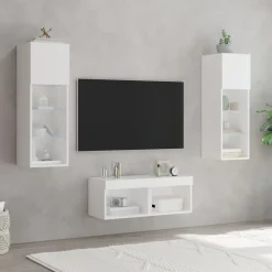 vidaXL Muebles de TV de pared con luces LED 4 piezas Blanco Outlet