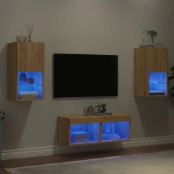 vidaXL Muebles de TV de pared con luces LED 4 piezas Roble Sonoma Outlet
