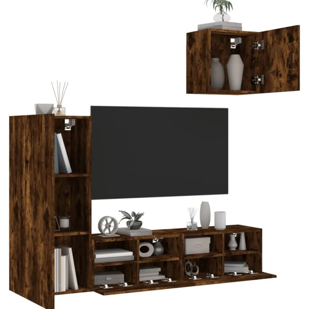 vidaXL Muebles de TV de pared 4 pzas madera ingeniería Roble ahumado New
