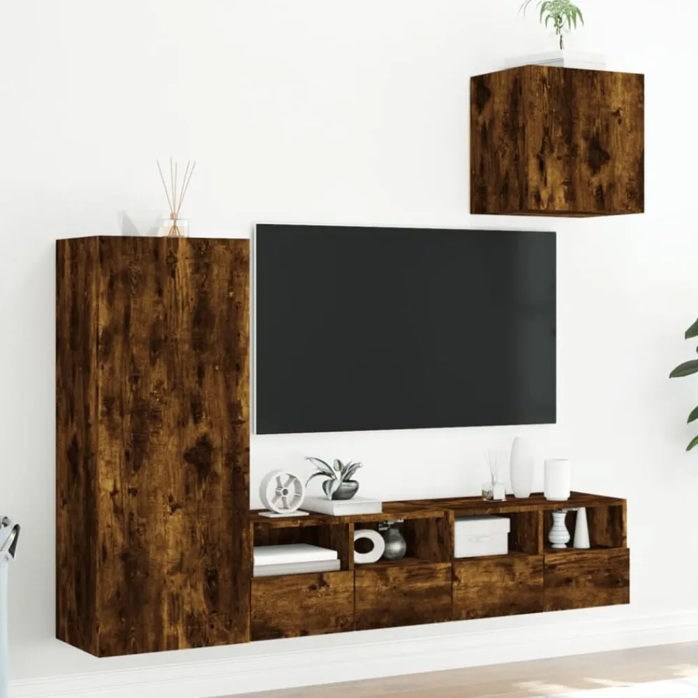 vidaXL Muebles de TV de pared 4 pzas madera ingeniería Roble ahumado New