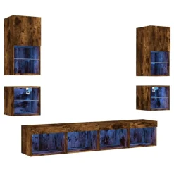 vidaXL Muebles TV pared con LED 8 pzas madera ingeniería Roble ahumado Discount