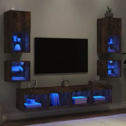 vidaXL Muebles TV pared con LED 8 pzas madera ingeniería Roble ahumado Discount