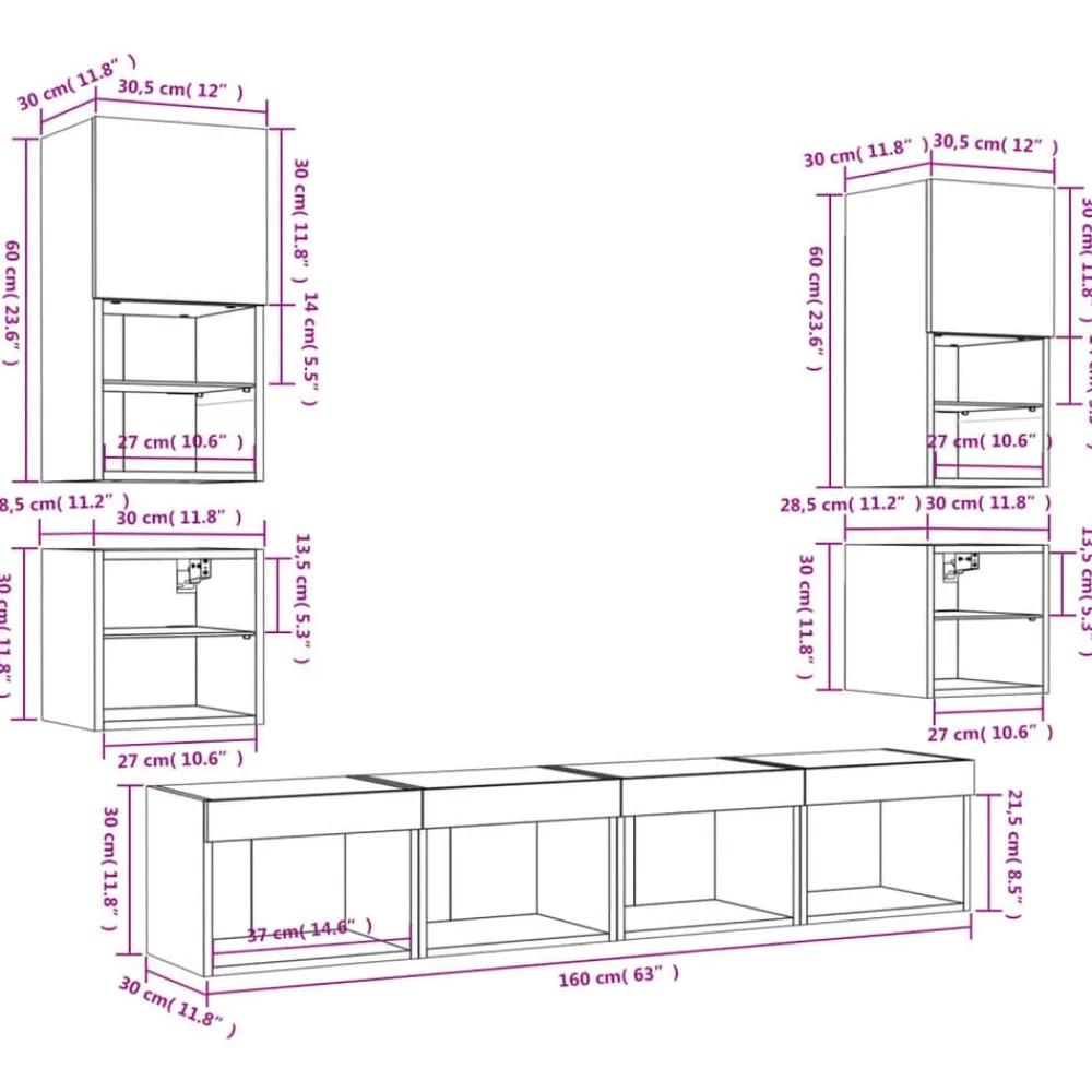 vidaXL Muebles TV pared con LED 8 pzas madera ingeniería Roble ahumado Discount