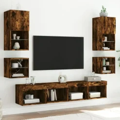 vidaXL Muebles TV pared con LED 8 pzas madera ingeniería Roble ahumado Discount