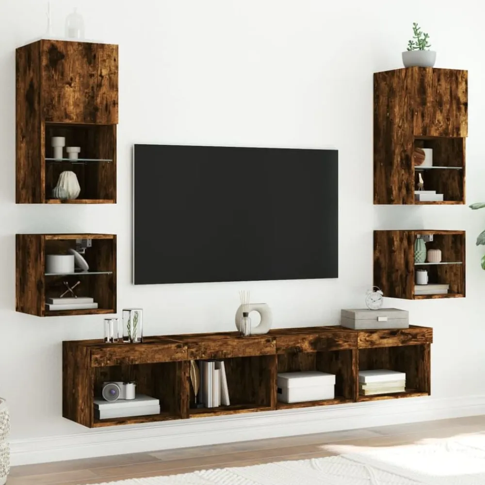 vidaXL Muebles TV pared con LED 8 pzas madera ingeniería Roble ahumado Discount