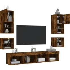 vidaXL Muebles TV pared con LED 8 pzas madera ingeniería Roble ahumado Discount