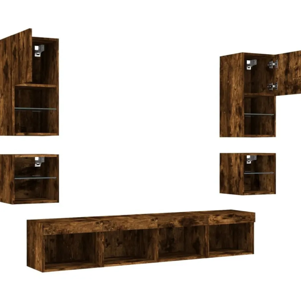vidaXL Muebles TV pared con LED 8 pzas madera ingeniería Roble ahumado Discount