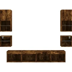 vidaXL Muebles TV pared con LED 8 pzas madera ingeniería Roble ahumado Discount