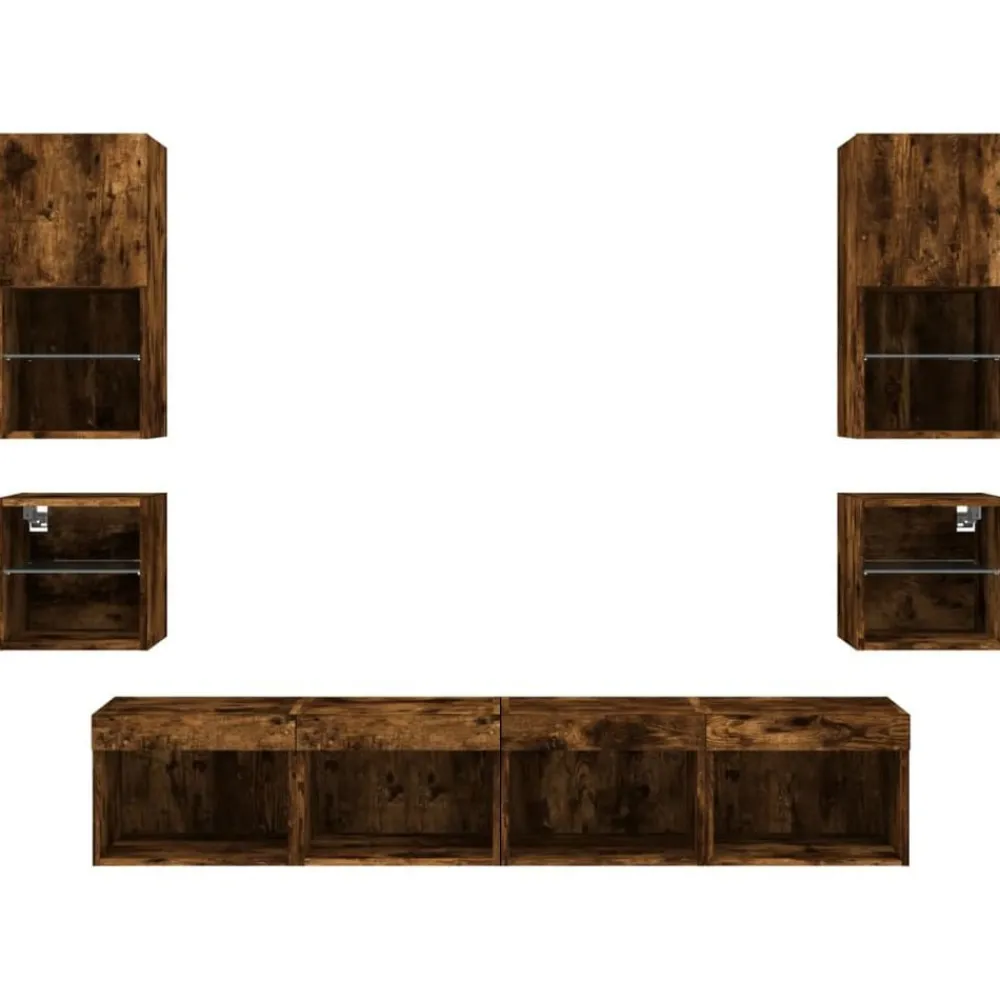 vidaXL Muebles TV pared con LED 8 pzas madera ingeniería Roble ahumado Discount