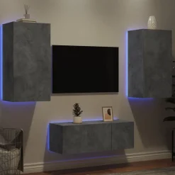 vidaXL Muebles TV pared con LED 4 pzas madera ingeniería gris hormigón Gris hormig&oacute;n Outlet