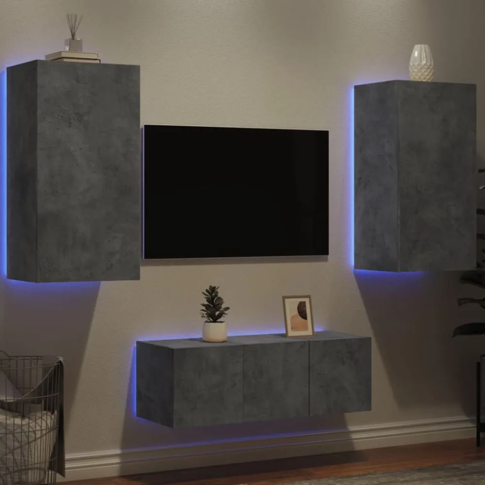 vidaXL Muebles TV pared con LED 4 pzas madera ingeniería gris hormigón Gris hormigón Outlet