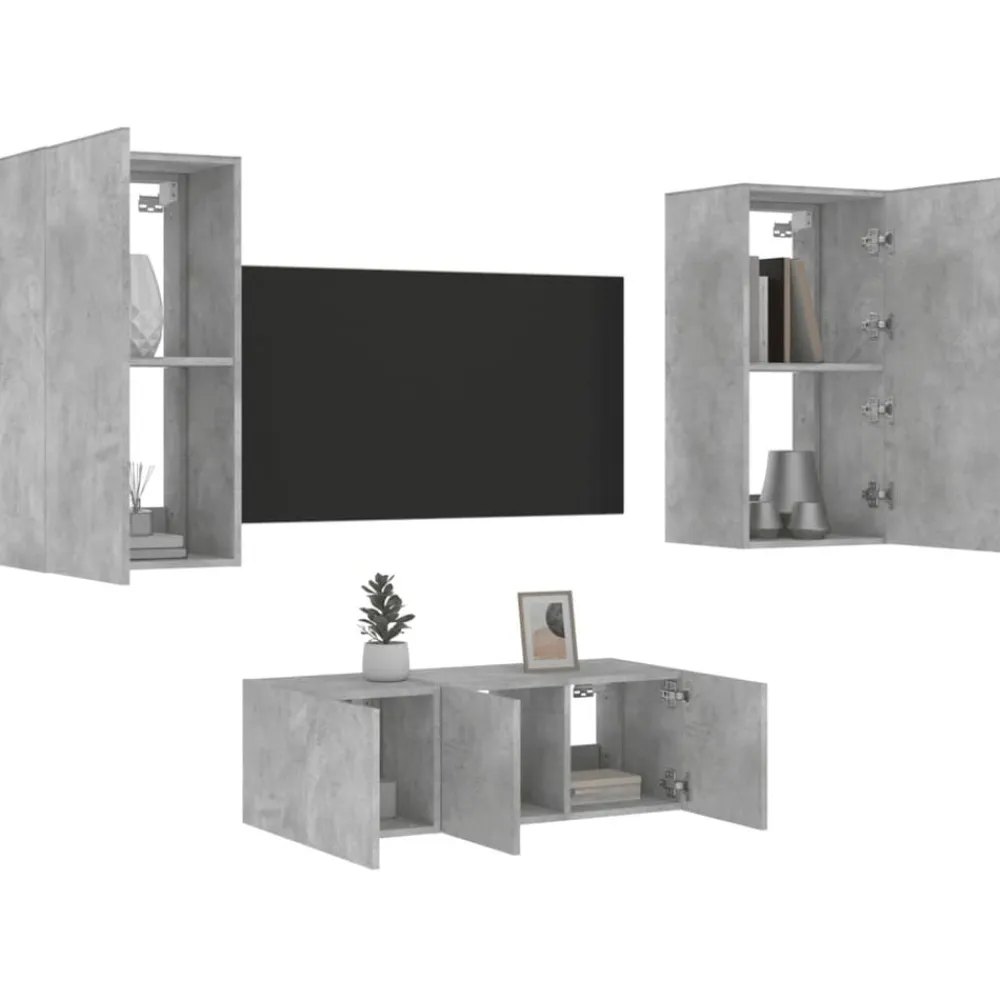 vidaXL Muebles TV pared con LED 4 pzas madera ingeniería gris hormigón Gris hormigón Outlet