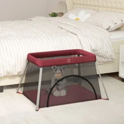 vidaXL Parque infantil para bebés con colchón tela lino Rojo Sale