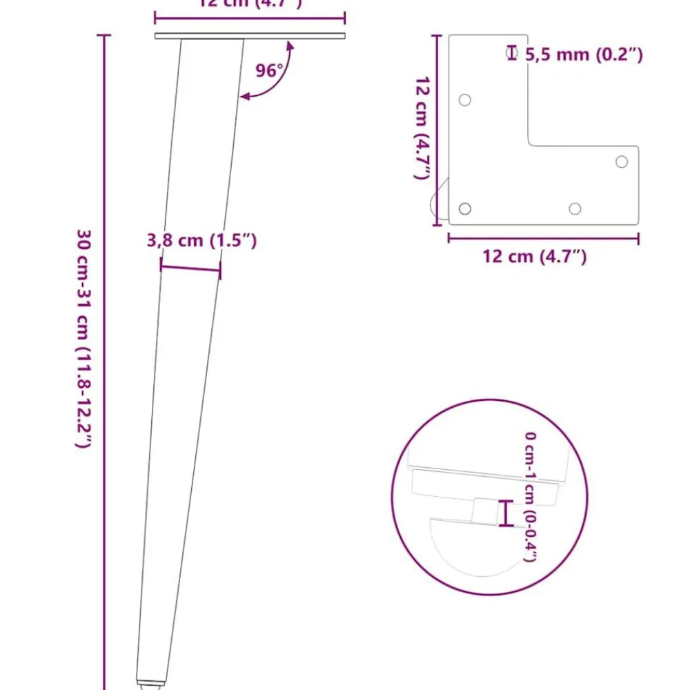 vidaXL Patas cónicas para mesa de centro (4 unidades), , 30-31 cm, acero Antracita New