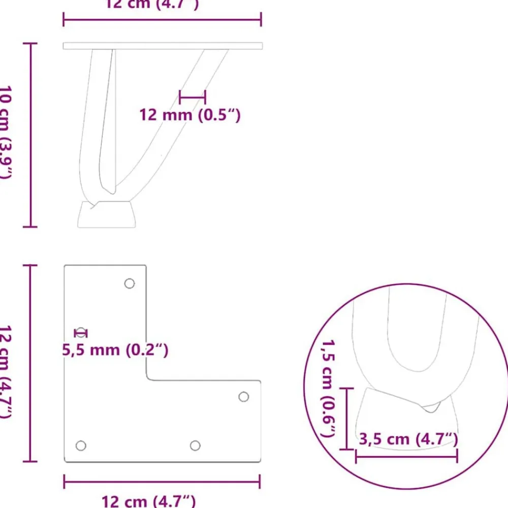 vidaXL Patas de horquilla para mesa de centro (4 unidades, acero , 10 cm, acero macizo) Natural Best
