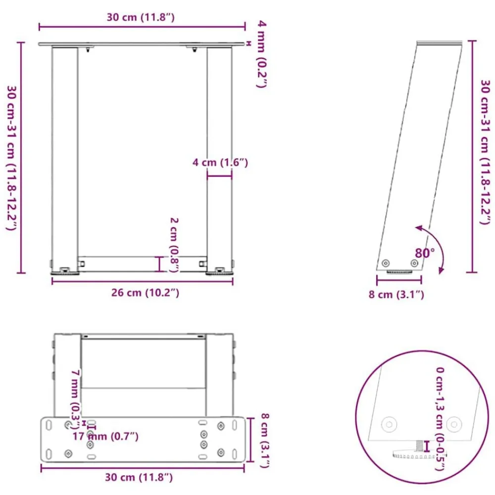 vidaXL Accesorios Para Mesas-Patas para mesa de centro en forma de U (2 unidades, acero , 30 x 30-31 cm)