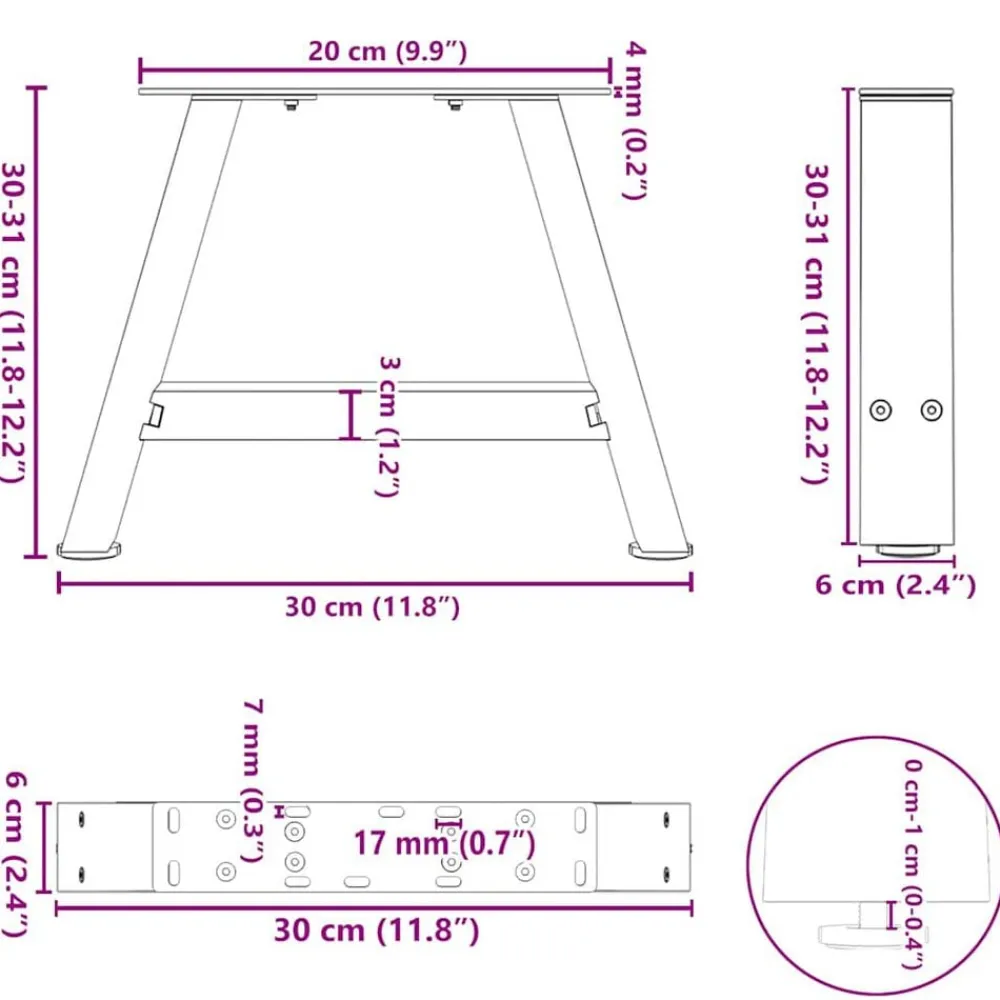vidaXL Accesorios Para Mesas-Patas para mesa de centro en forma de A (2 unidades), color , 30 x (30-31) cm, acero