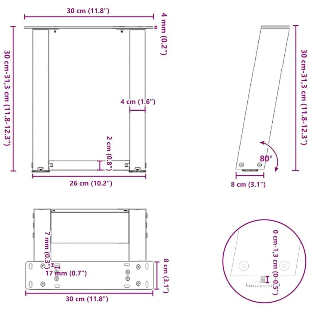 vidaXL Accesorios Para Mesas-Patas para mesa de centro en forma de U (2 unidades), , 30 x (30-31) cm, acero
