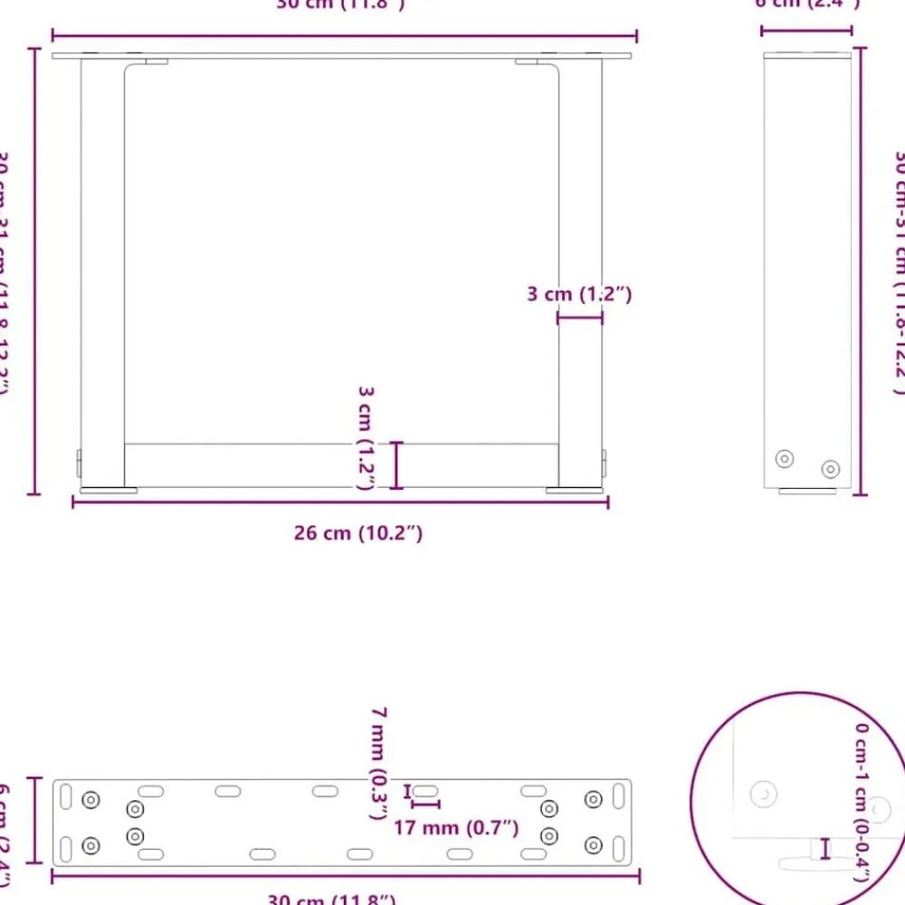 vidaXL Accesorios Para Mesas-Patas para mesa de centro en forma de U (2 unidades), color , 30 x (30-31) cm, acero