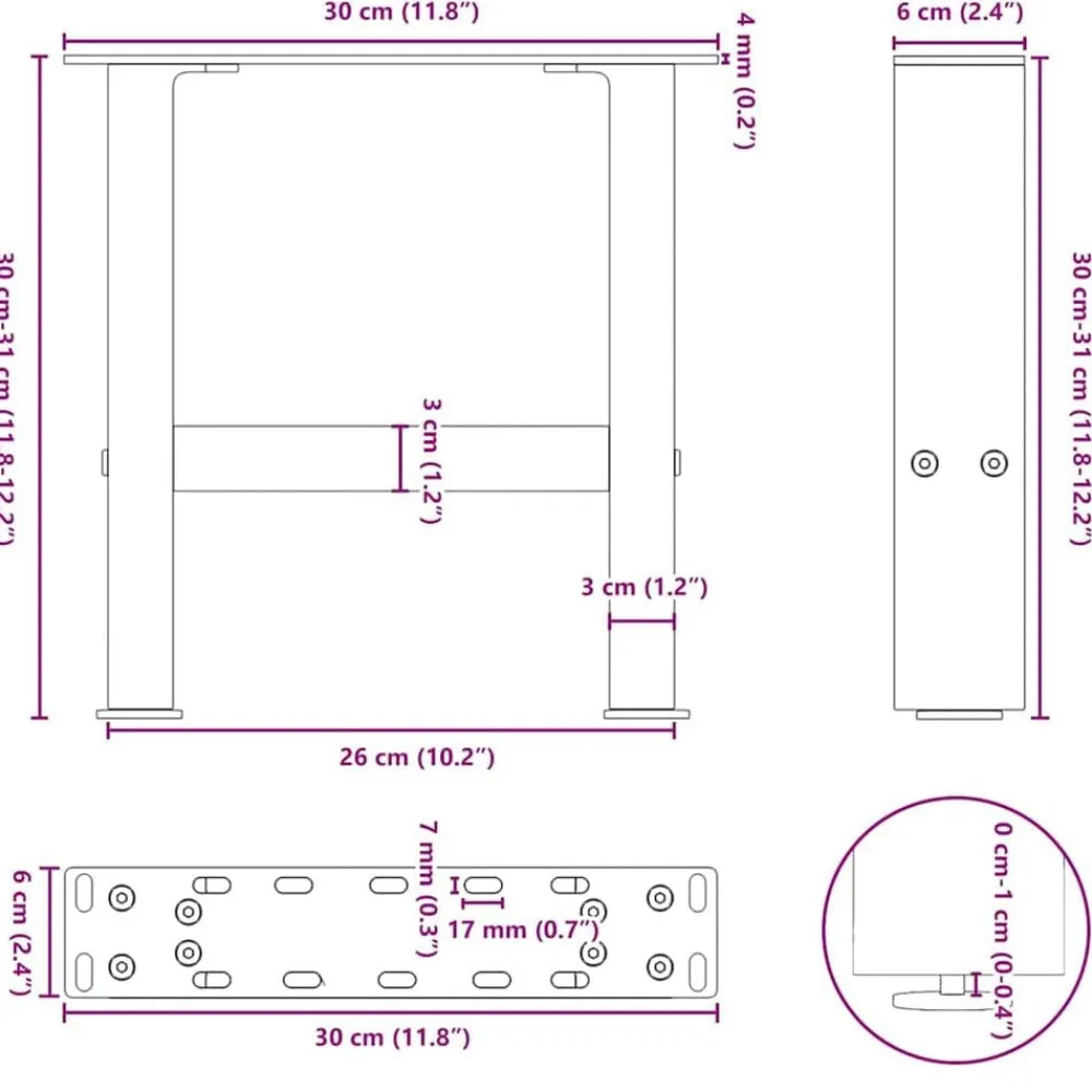 vidaXL Accesorios Para Mesas-Patas para mesa de centro negras (2 unidades, 30 x 31 cm, acero)