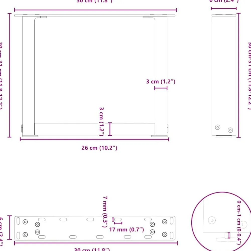 vidaXL Patas para mesa de centro en forma de U (2 unidades, acero , 30 x 30-31 cm) Natural New