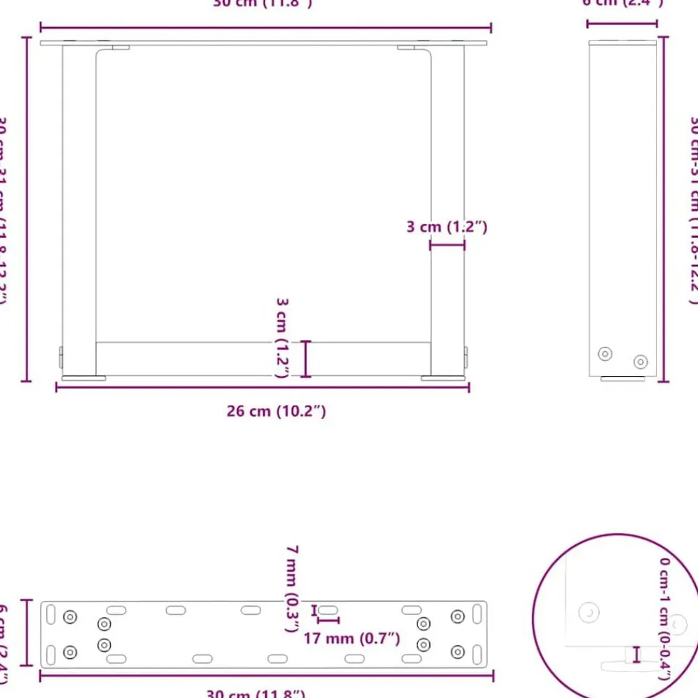 vidaXL Accesorios Para Mesas-Patas para mesa de centro en forma de U (2 unidades), color , 30 x (30-31) cm, acero