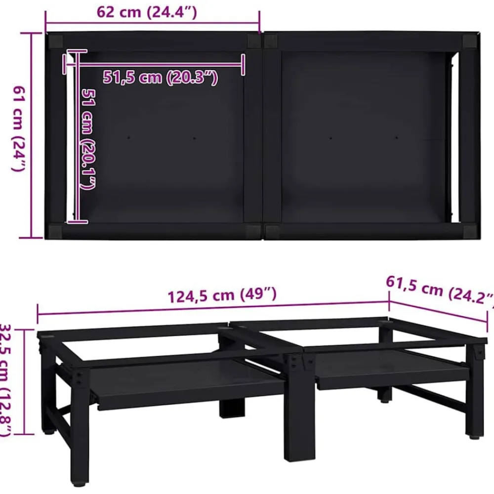 vidaXL Pedestal para Lavadora 2 pcs 124,5 x 61,5 x 32,5 cm Acero Negro New
