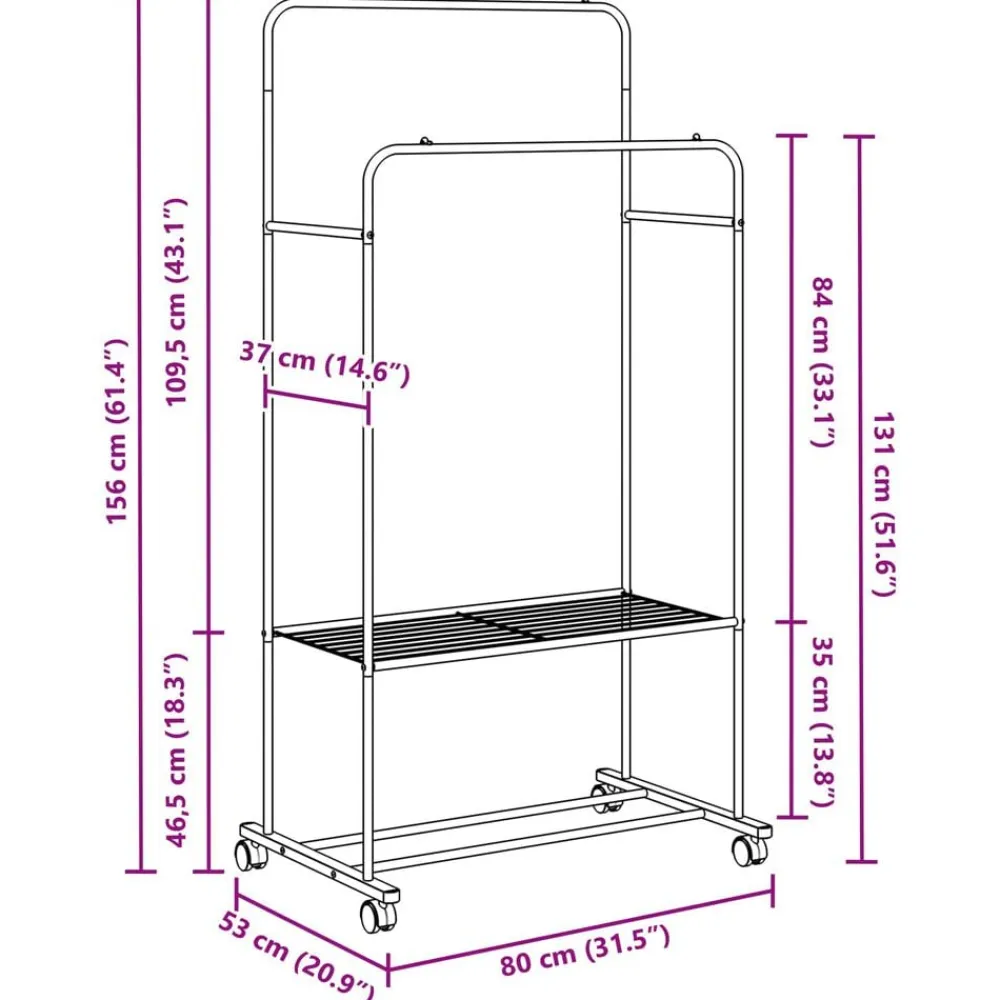 vidaXL Productos Del Hogar-Perchero para ropa con estante con rueda 80 x 53 x 156 cm