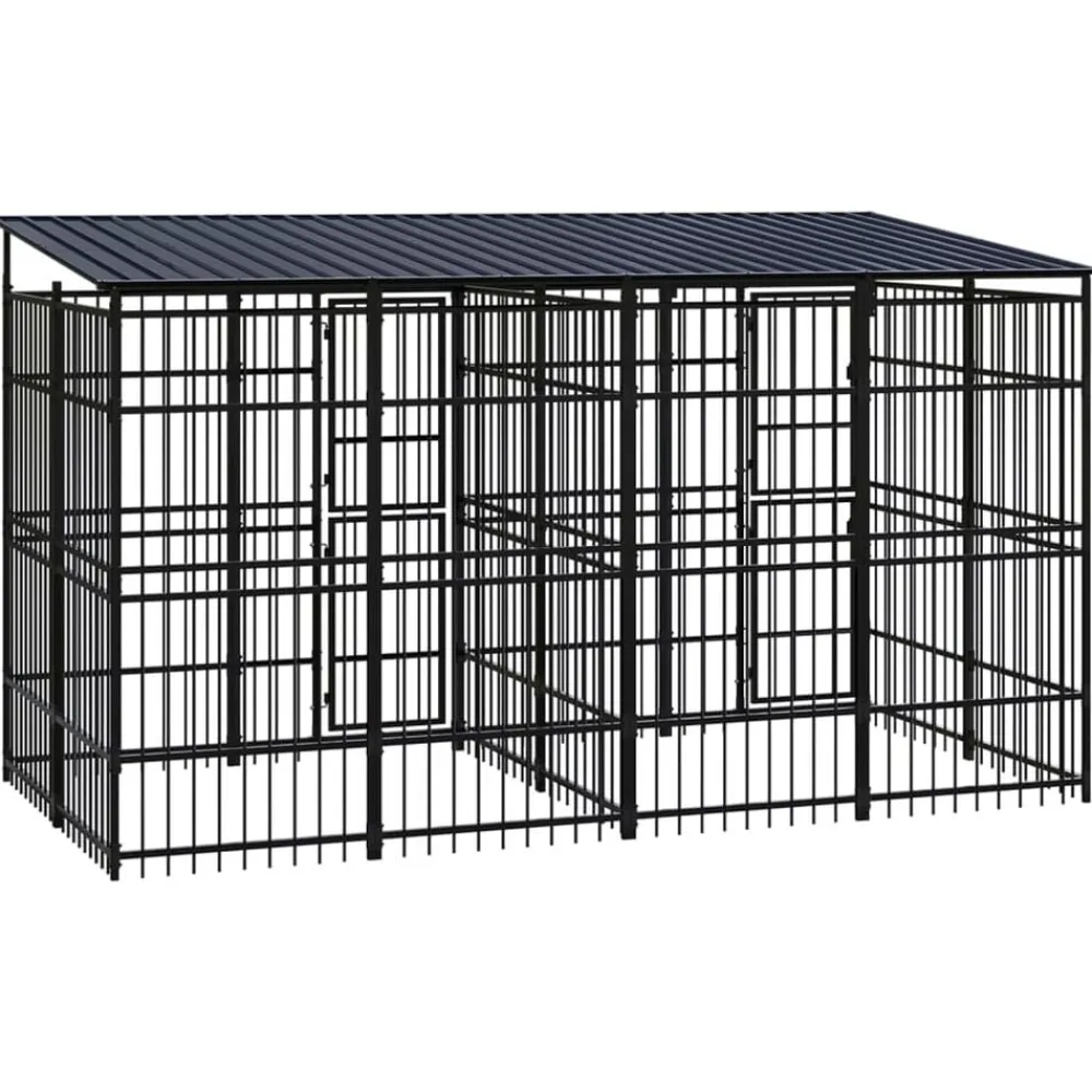 vidaXL Productos Para Mascotas-Perrera de exterior con techo de acero 7,37 m²