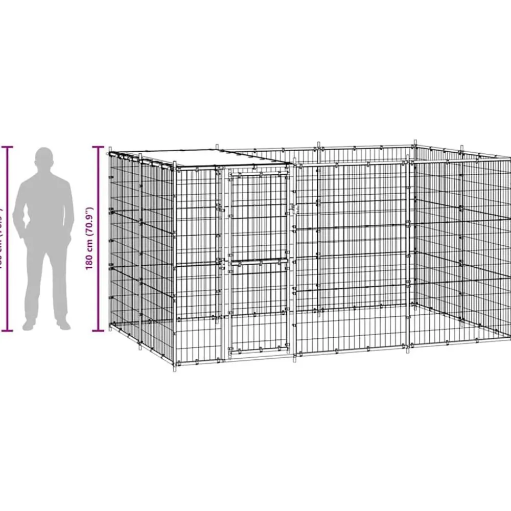 vidaXL Perrera de exterior de acero con techo 7,26 m² Negro y plateado Hot