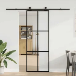 vidaXL Materiales De Construcción-Puerta corredera con set herrajes vidrio ESG aluminio 76x205 cm