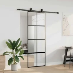 vidaXL Materiales De Construcción-Puerta corredera con herrajes negro 76x205 cm vidrio templado