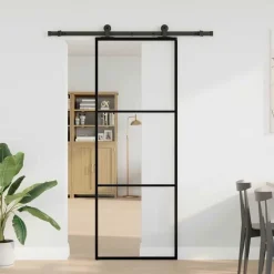 vidaXL Puerta corredera con set herrajes vidrio ESG aluminio 76x205 cm Hot