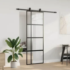 vidaXL Puerta corredera con herrajes negro 76x205 cm vidrio templado Best