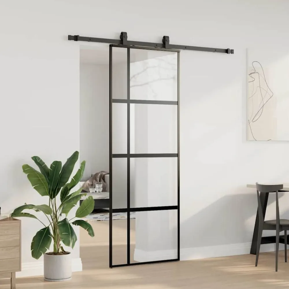 vidaXL Puerta corredera con herrajes negro 76x205 cm vidrio templado Best