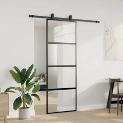 vidaXL Puerta corredera con herrajes negro 76x205 cm vidrio templado Outlet