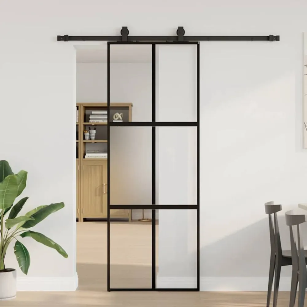 vidaXL Materiales De Construcción-Puerta corredera con herrajes negro 76x205 cm vidrio templado