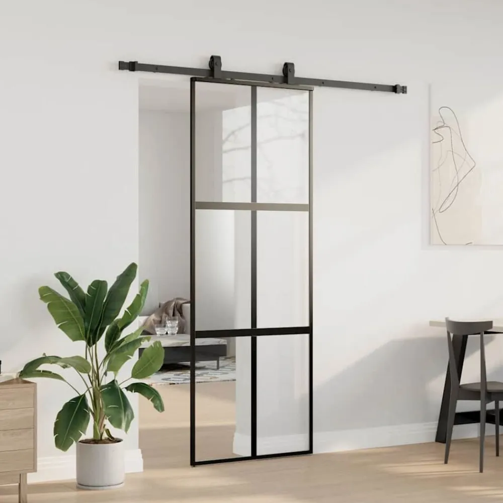 vidaXL Materiales De Construcción-Puerta corredera con herrajes negro 76x205 cm vidrio templado