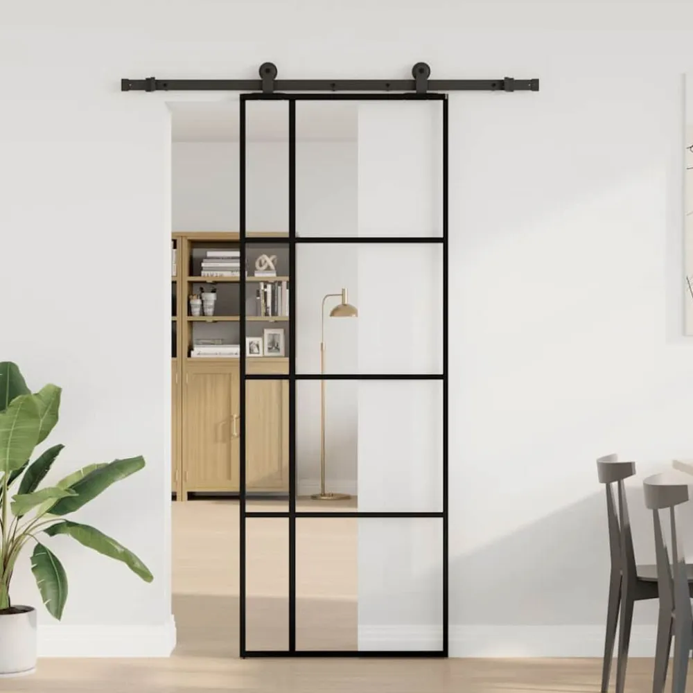 vidaXL Materiales De Construcción-Puerta corredera con set herrajes vidrio ESG aluminio 76x205 cm