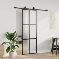 vidaXL Puerta corredera con herrajes negro 76x205 cm vidrio templado Negro y mate Sale