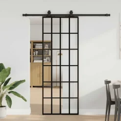 vidaXL Materiales De Construcción-Puerta corredera con juego herrajes negro 76x205 cm ESG vidrio