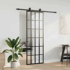 vidaXL Materiales De Construcción-Puerta corredera con juego herrajes negro 76x205 cm ESG vidrio